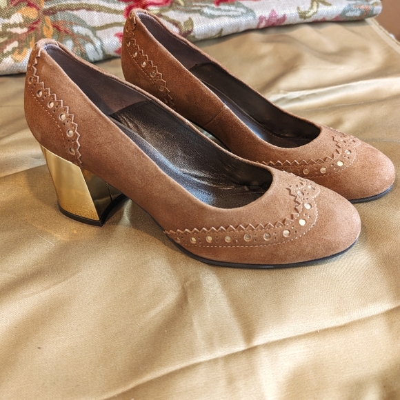 Daniela Shoes suede golden block heels - Picture 1 of 7